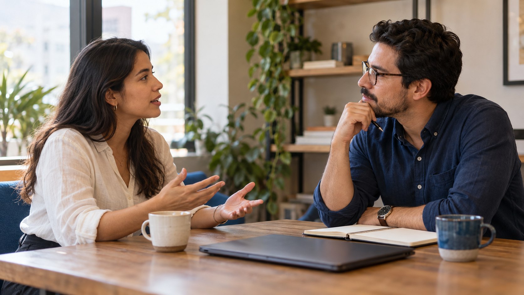 Consultor escuchando a una persona durante una primera conversación